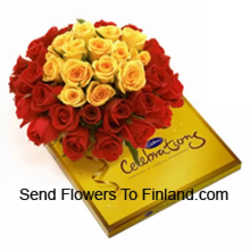 Ramo de 24 rosas rojas y 11 amarillas con relleno de temporada junto con una hermosa caja de chocolates Cadbury